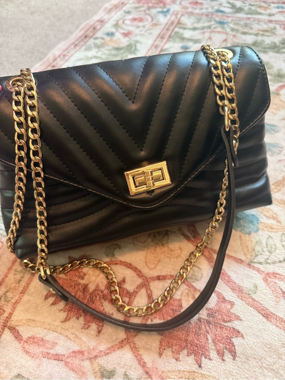 Black Quilted Shoulder Bag with Gold Chain Strap